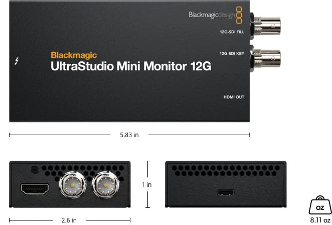 Blackmagic UltraStudio Mini Monitor 12G weight and dimensions